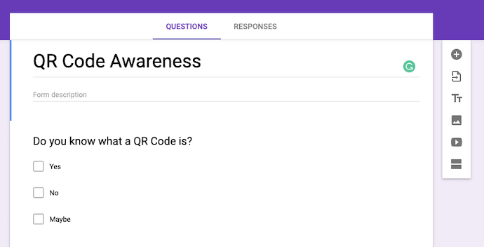 Google form title, description, and questions interface.