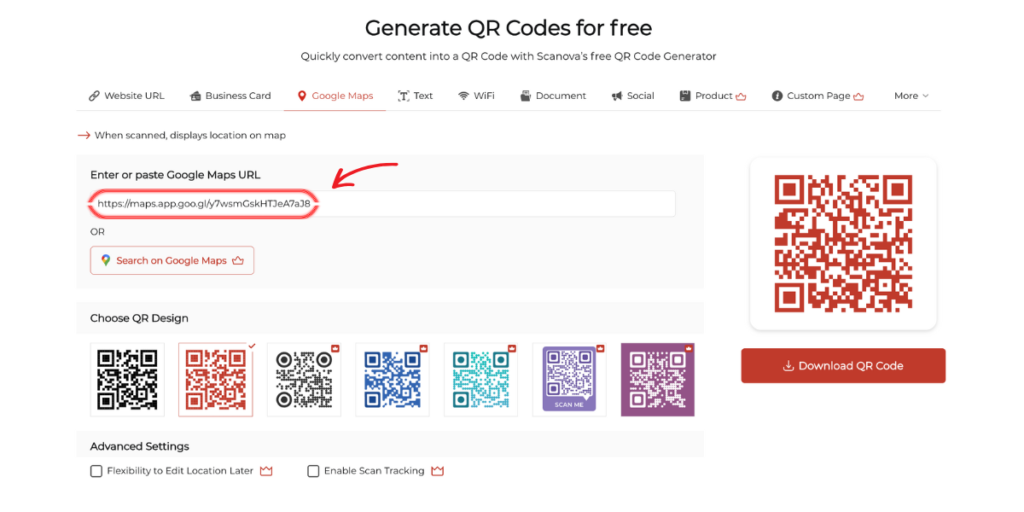 Interface of Scanova's free QR Code generator for Google Maps QR Codes.
