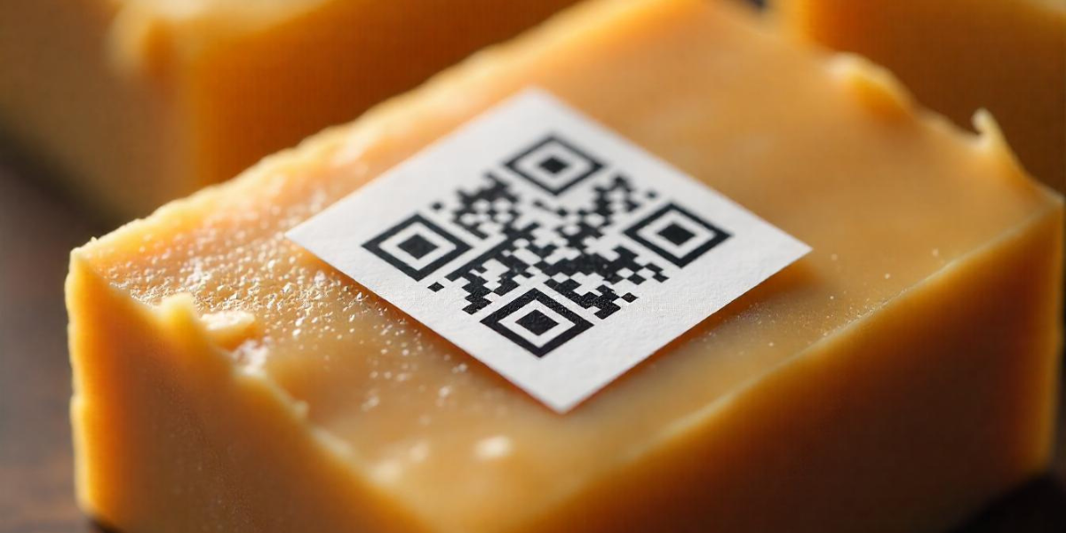 A QR Code sticker attached on a bar soap.