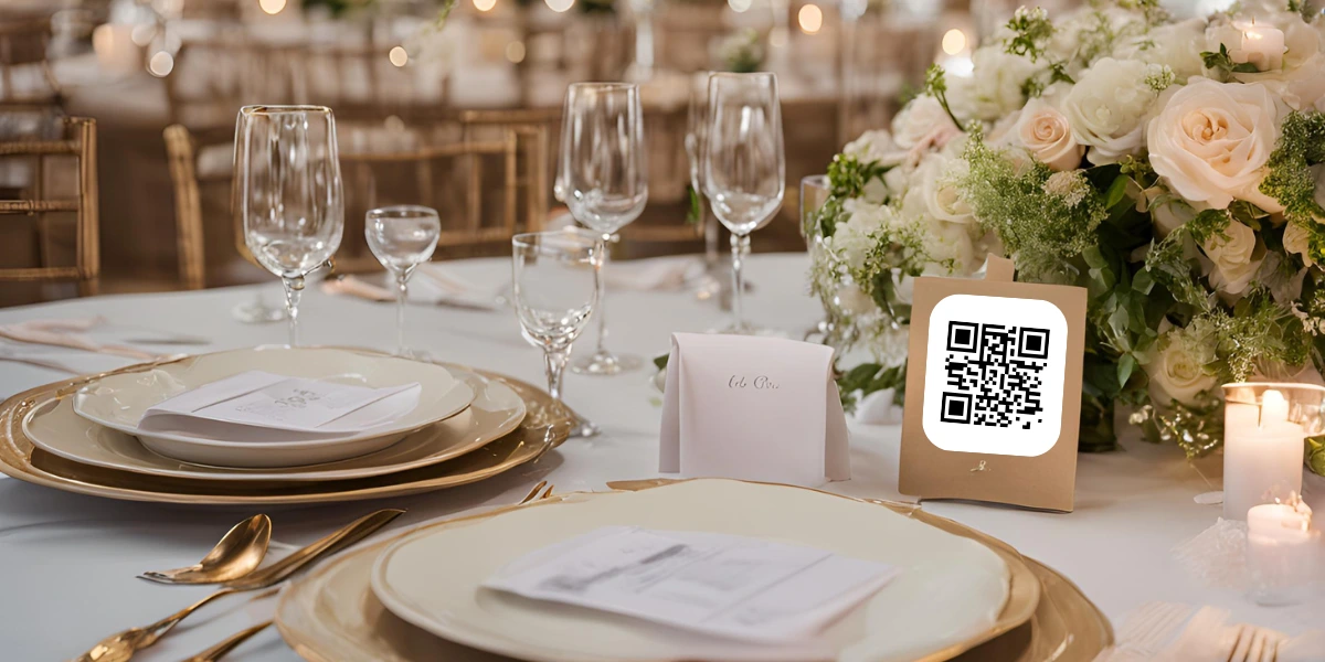 A QR Code for wedding photo placed on a dining table, at a wedding.