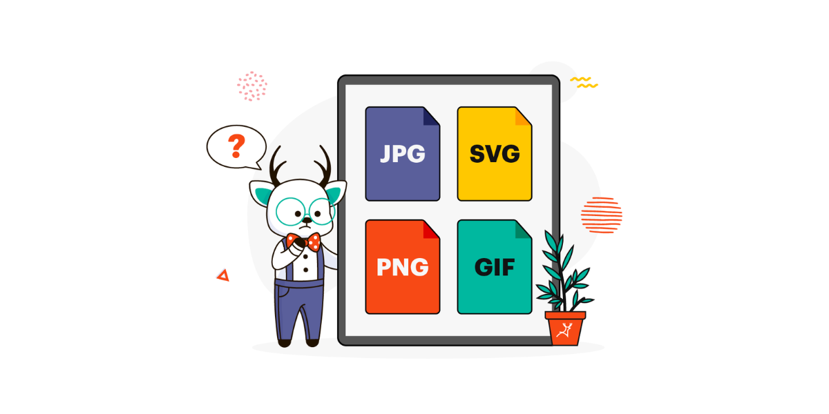 A deer doodle man standing in front of a big screen showing different QR Code formats for exporting.