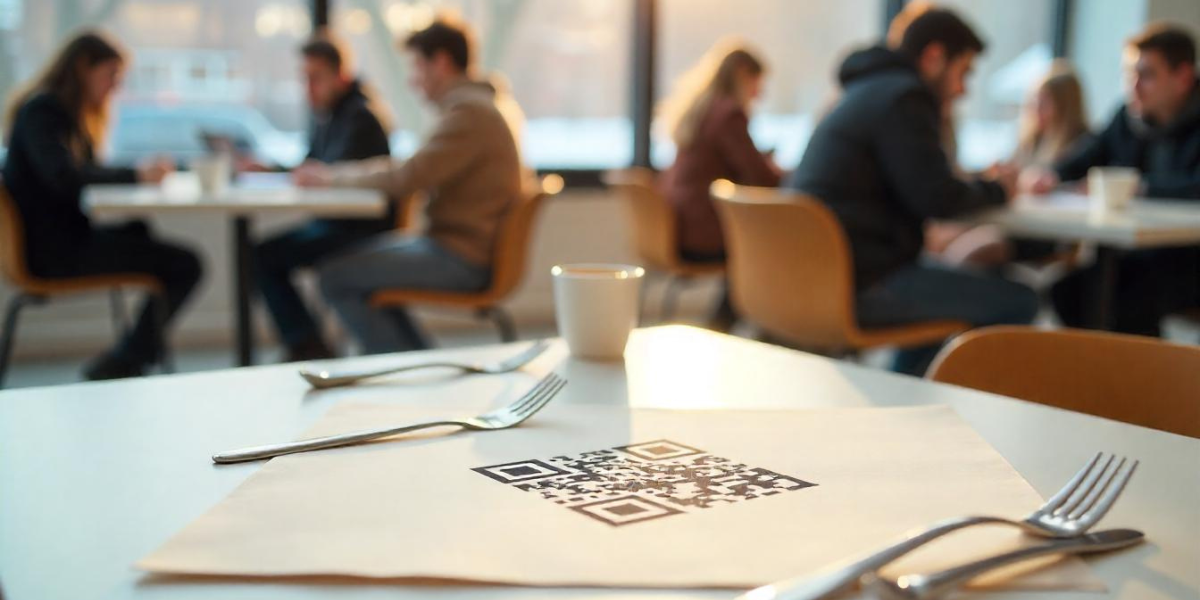 An example of QR Code on table, with a QR Code printed on a napkin in a restaurant.