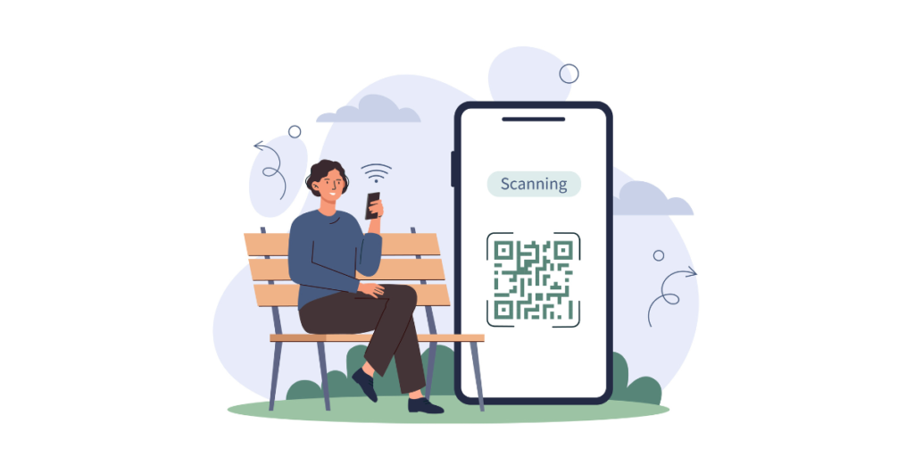 A person sitting on a bench scanning a qr code from his smartphone.