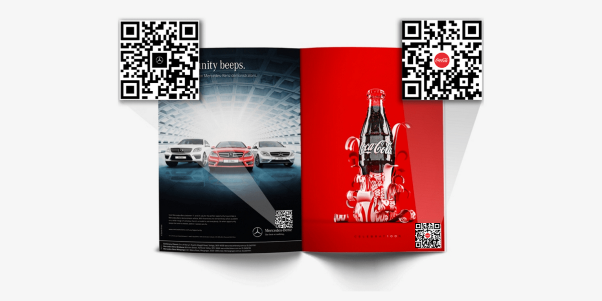 A magzine with a Coca Cola QR Code and an automobile QR Code.