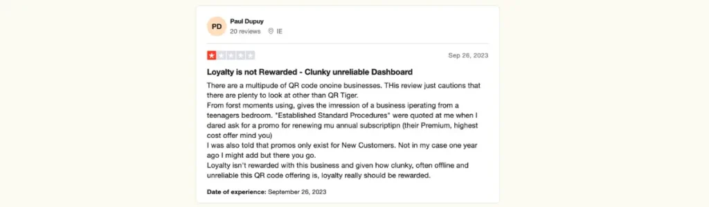 QRTiger review that says "Loyalty is not rewarded" and they have a "clunky unreliable dashboard".