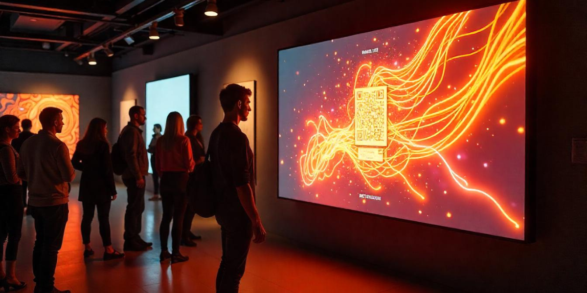 A man looking at a QR Code created through a random QR Code Generator on a digital display.