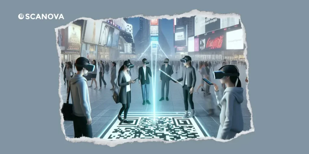A group of people with VR headsets standing on an interactive QR Code.