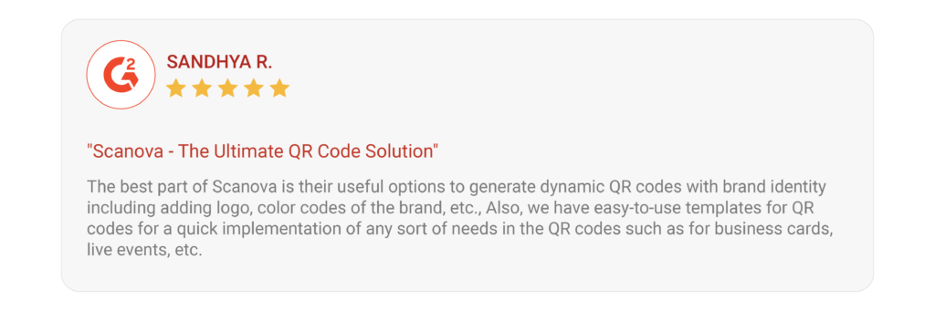 G2 review of Scanova that says "Scanova is the one stop QR Code solution for every use case"