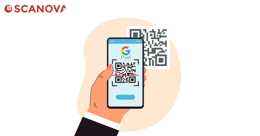 A hand scanning a QR Code with Pixel smartphone.