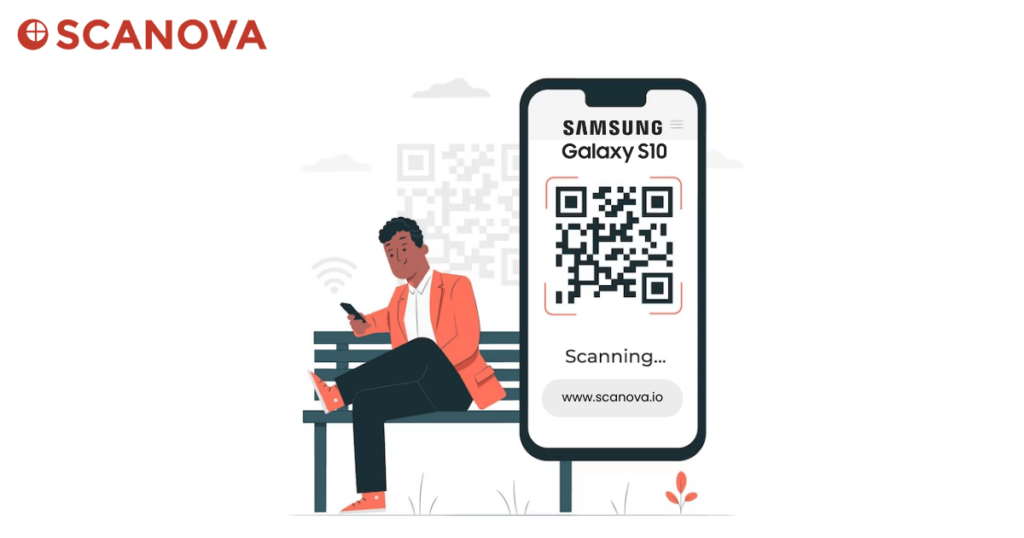 Illustration of a man sitting on a bench, scanning a QR Code using a Samsung Galaxy phone.