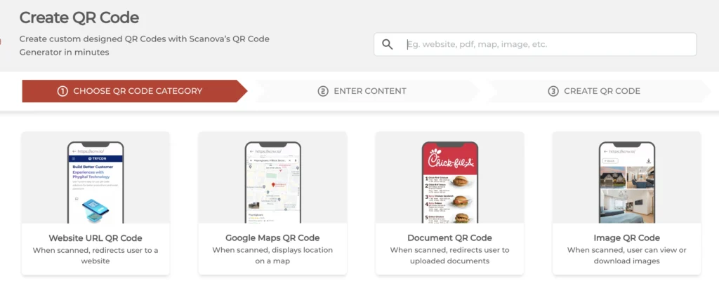 Scanova's QR Code categories' screen