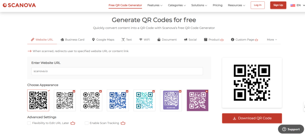 Dashboard of Scanova's free QR Code generator without sign up, showcasing an example QR Code creation process.