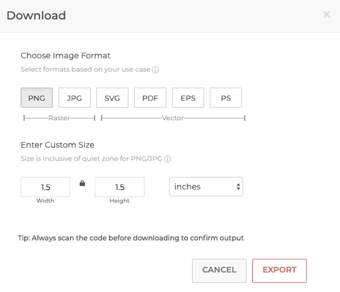 specify image size and format