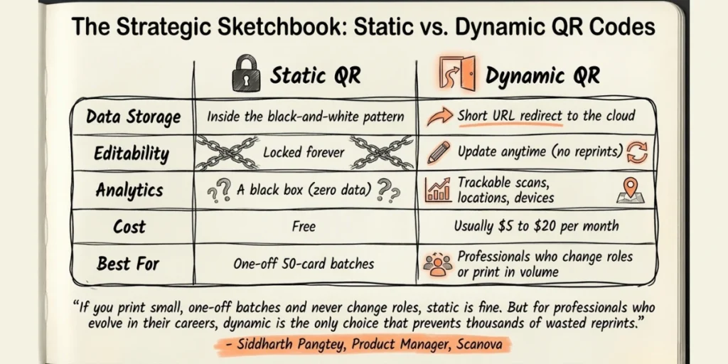 Static vs Dynamic QR Codes for a visiting card.