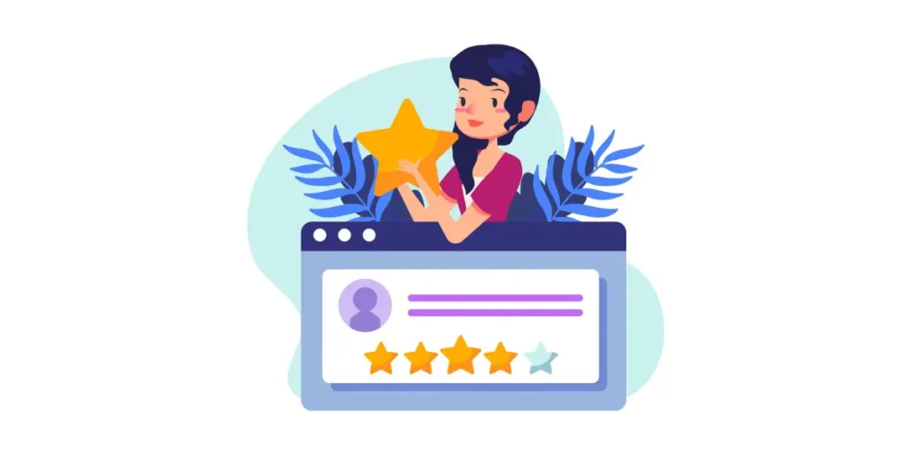 A woman holding a star on top of a screen showing 4 star rating.