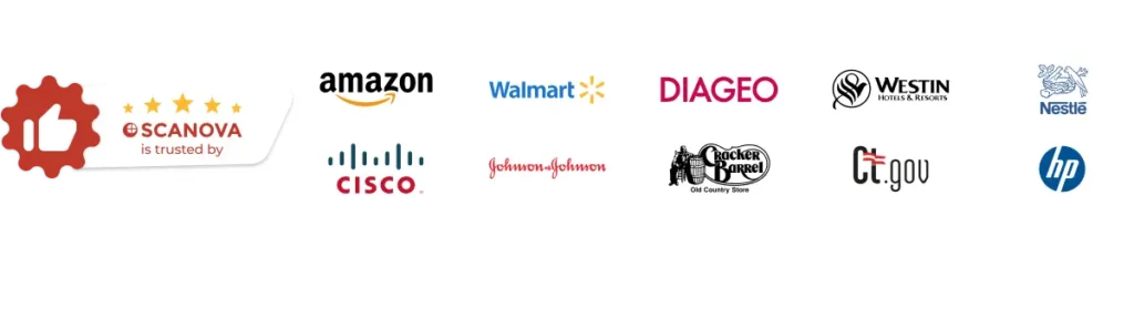 Logos of major brands like Amazon, Walmart, and Nestlé, showcasing their trust in Scanova's QR code solutions.