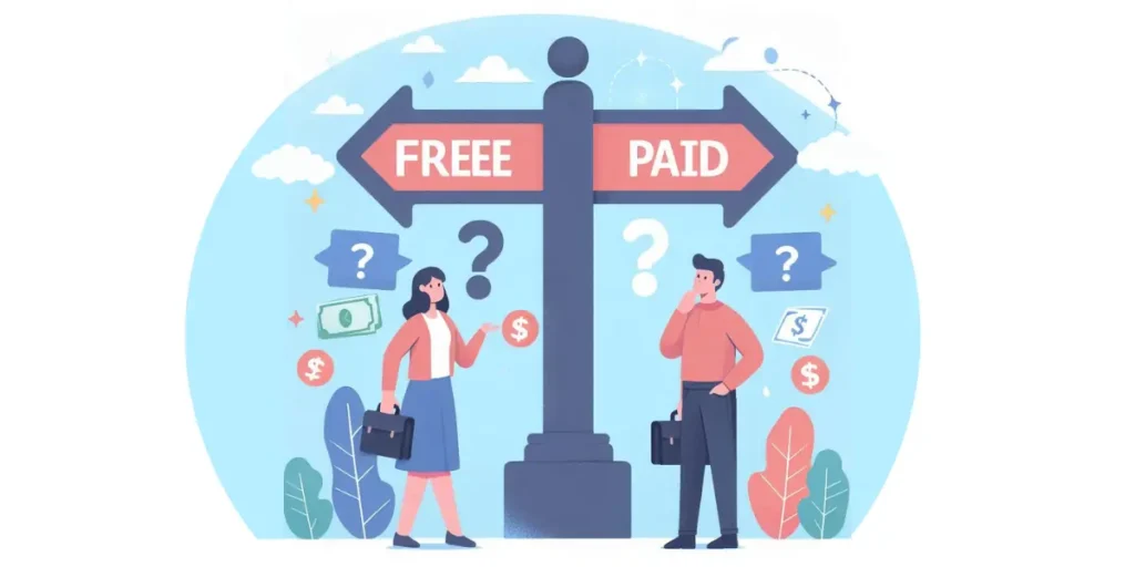 A man and a woman standing under a sign that says free on one side and paid on the other.