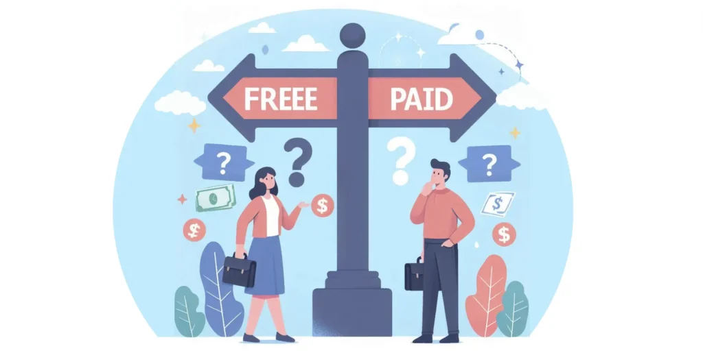 A man and a woman standing under a sign that says free on one side and paid on the other.
