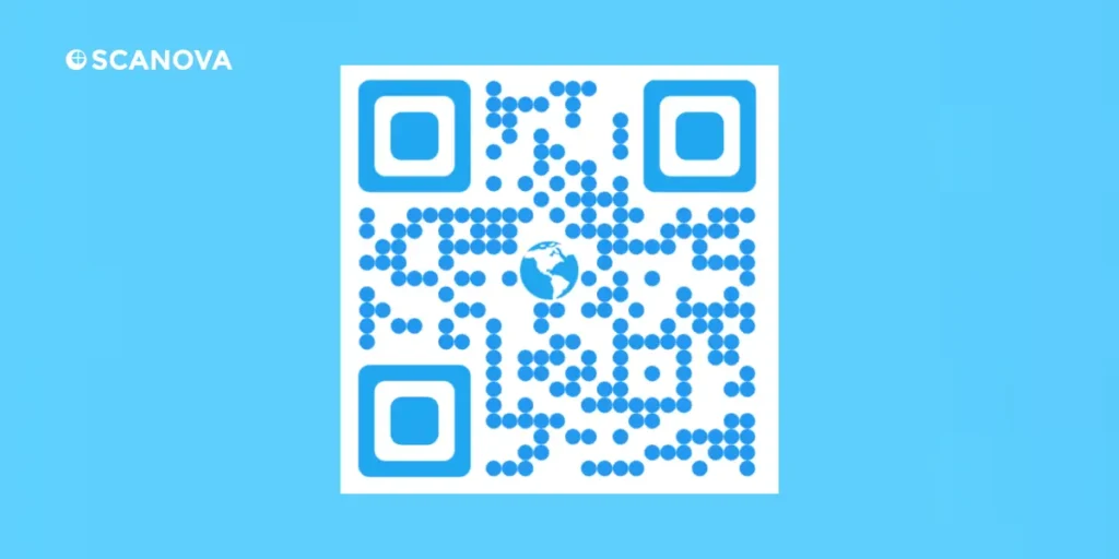 A QR Code with dots, logo circular corners and blue background.