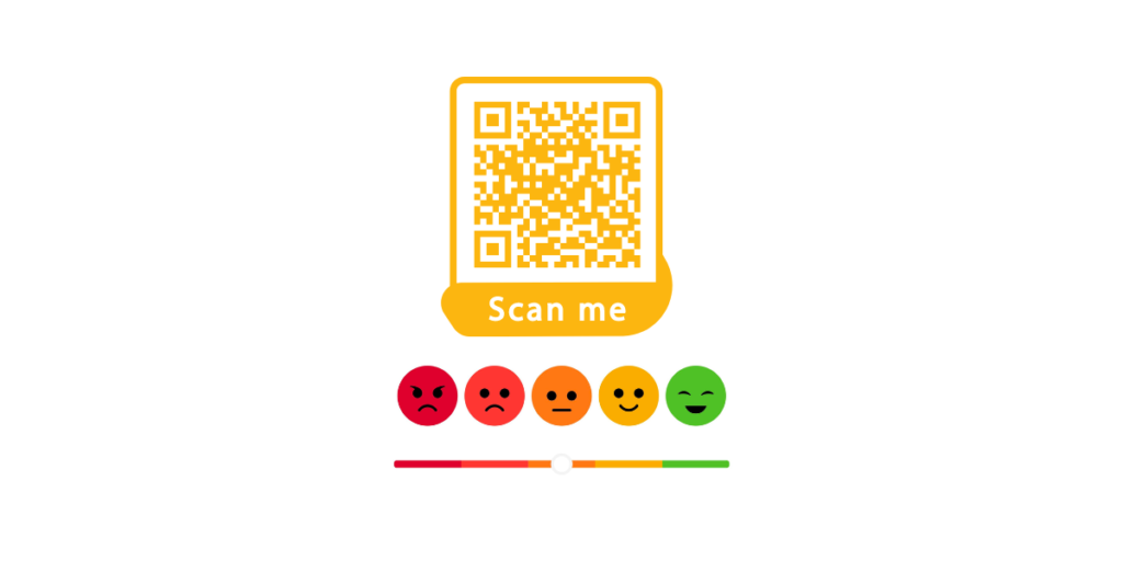 A happiness rating with smiles on it below a QR Code google review. 