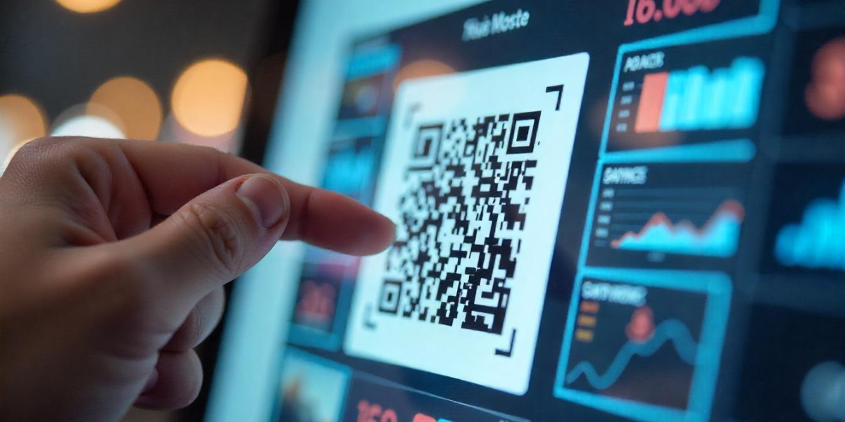 A human interacting with a QR Code on a digital screen.