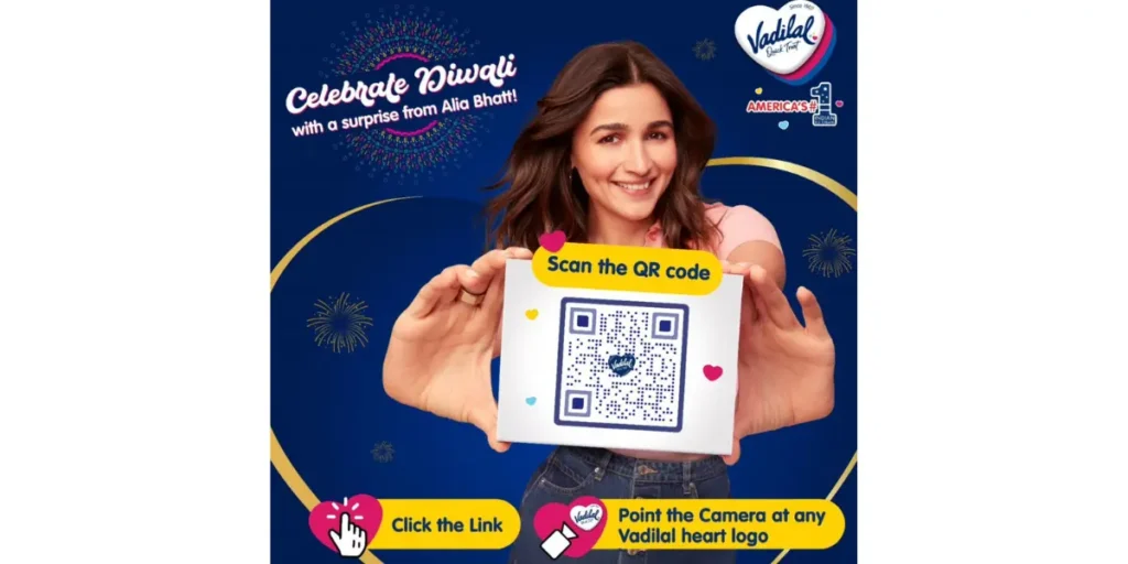 Vadilal Diwali campaign with Alia Bhatt holding a box and "Scan the QR Code" with next action steps.