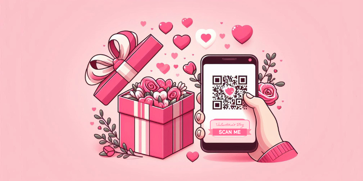 A hand scanning a Valentine's Day QR Code besides a gift box.