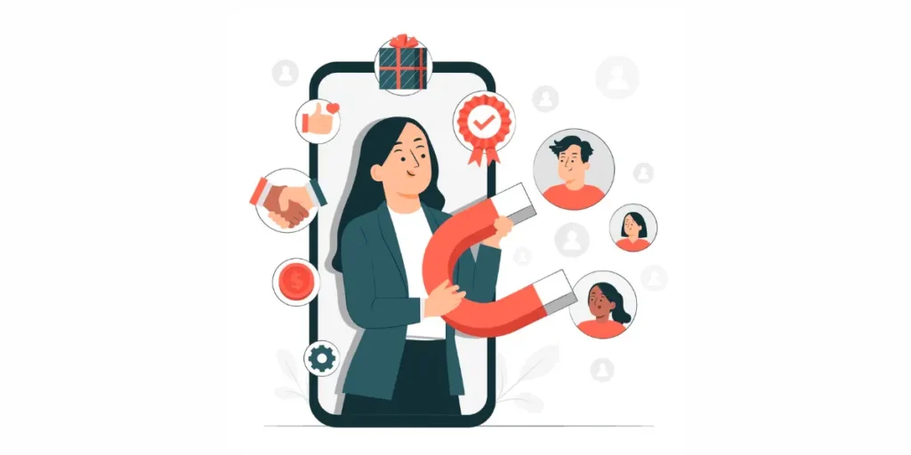 A woman popping out of a phone holding a magnet with icons coming out of it