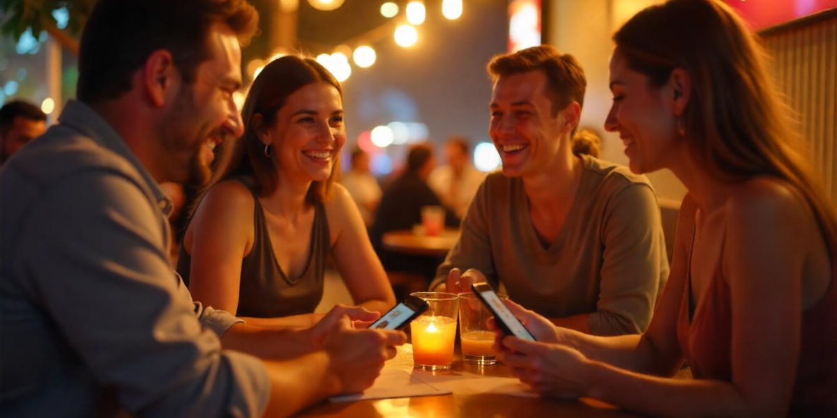 Friends sitting in a diner using Venmo QR Code to split their bill.