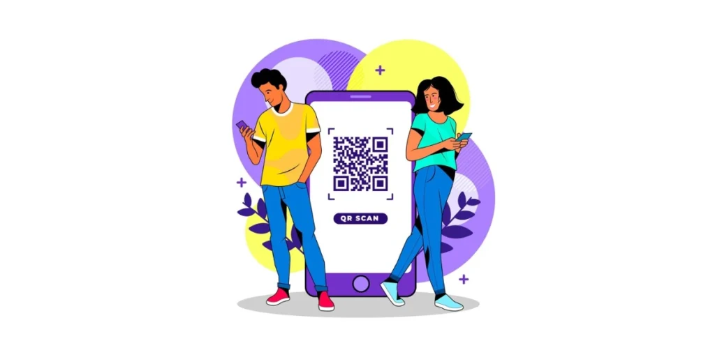 Two people standing on either side of a smartphone with a free custom QR Code on it.