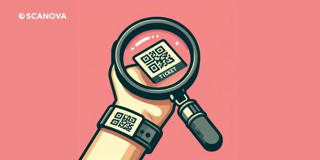 A hand holding a magnifying glass with ticket QR Code and a wristband QR Code.