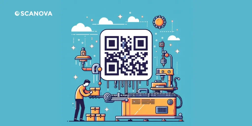 A person working on a machine that prints and pastes QR Codes on boxes.