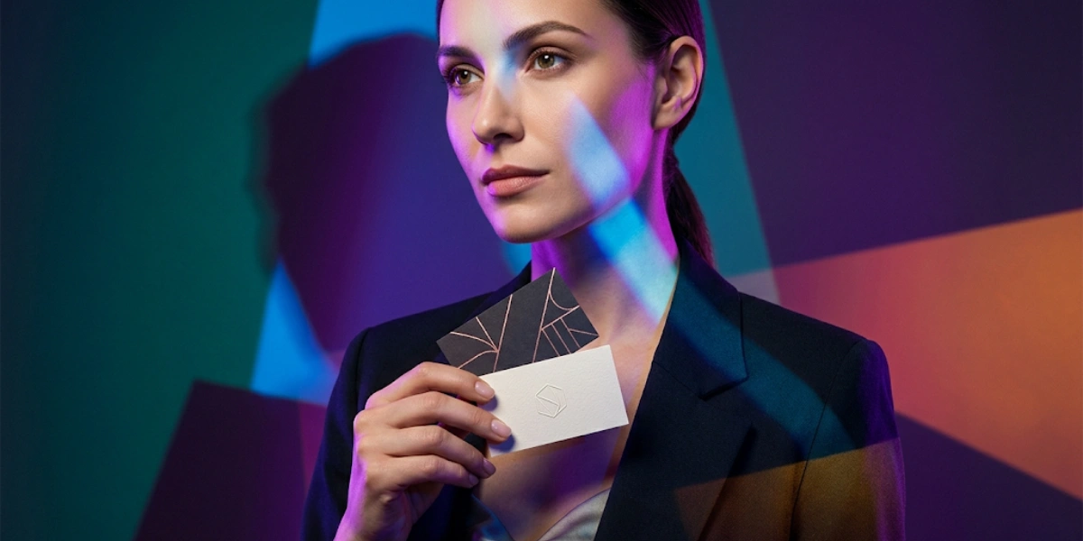 A woman holding a business card.