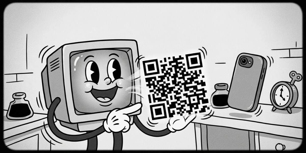 An animated PC holding a QR Code.