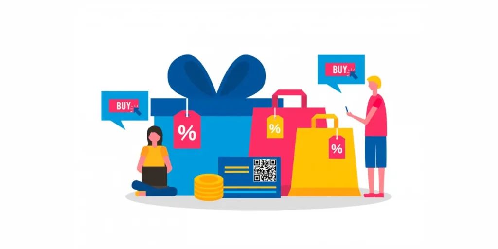 A vector image of people redeeming discount points through QR code loyalty program