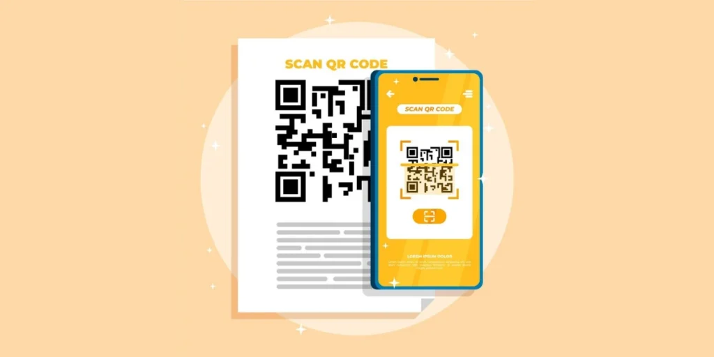 A mobile phone scanning a QR Code printed on a pamphlet.