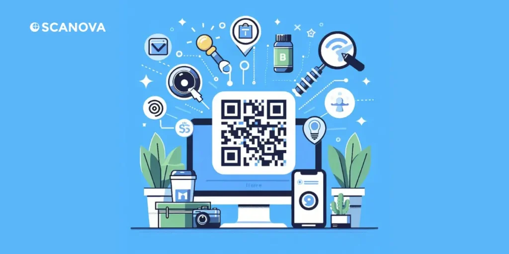A QR Code in front of a screen with floating icons around it.