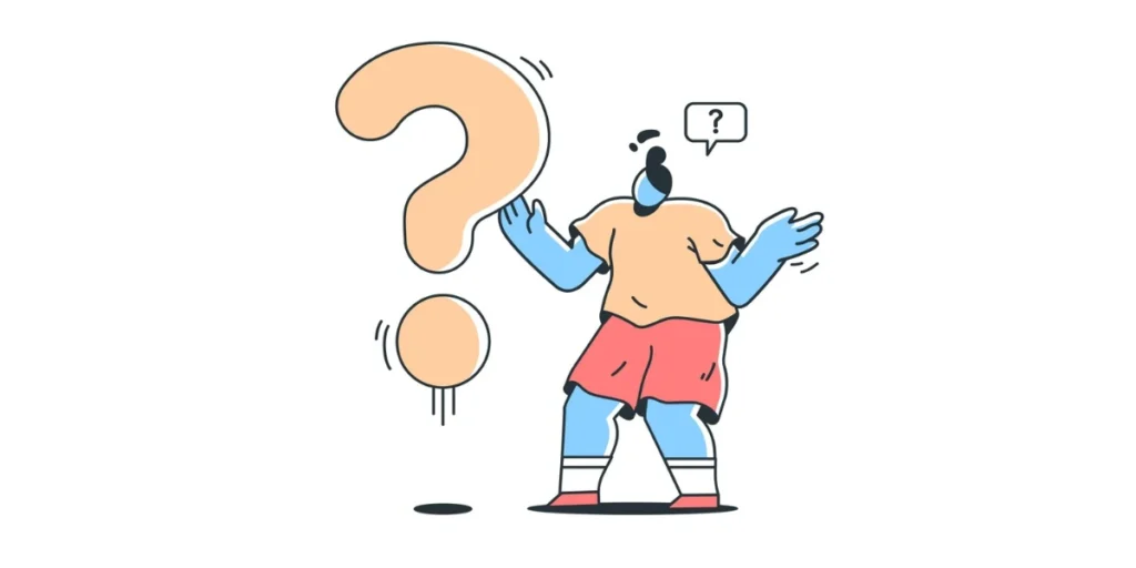 A person standing near a giant question mark, thinking about a badge with QR Code.