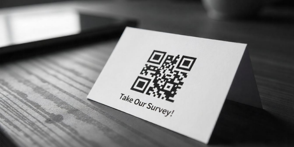 A QR Code for a survey on table tent card.