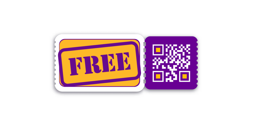 A purple and white coloured QR Code with a free tag besides it showcasing free QR Code generator with no expiration.