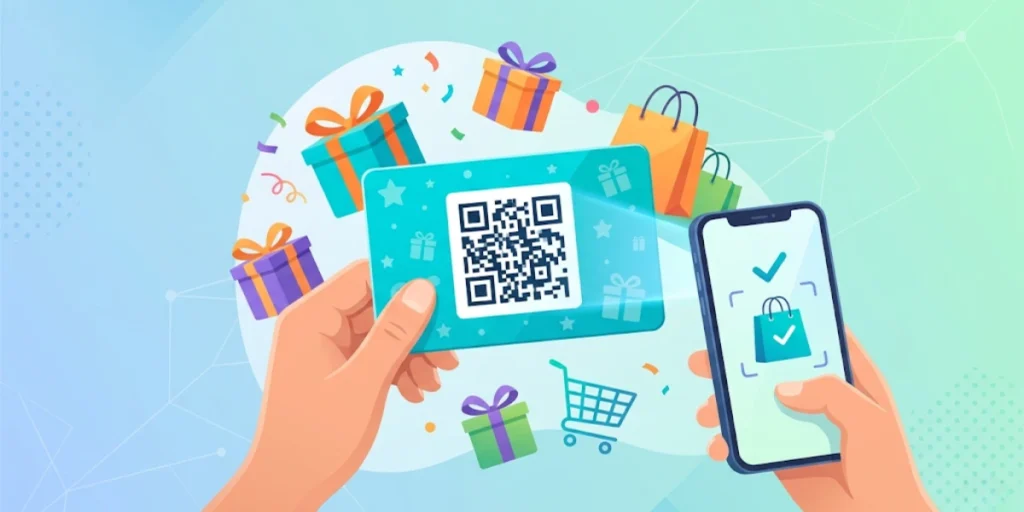 A person scanning a QR Code on gift card using a smartphone.
