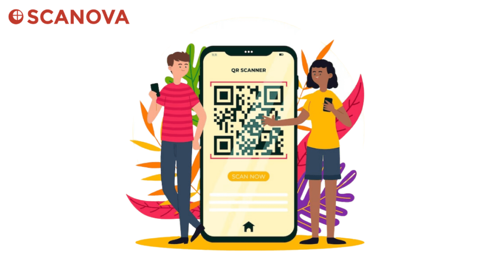 Illustration of a girl and boy standing next to a large screen displaying a QR Code.