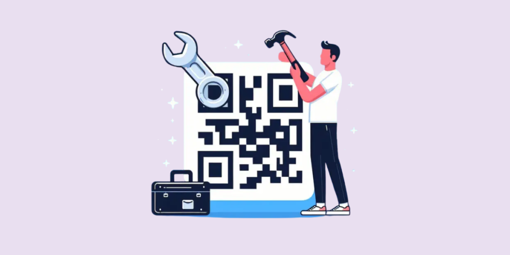 A person holding a hammer and a wrench fixing QR Code error correction.