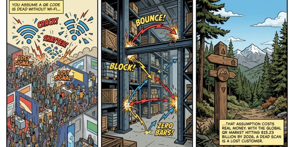 A comic illustration showing the importance of an offline QR Code generator.