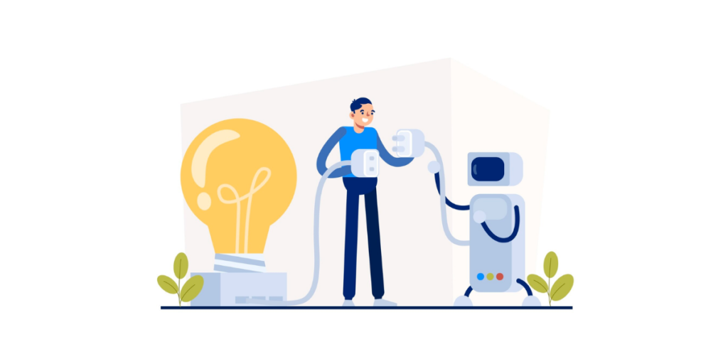 A person standing between a lightbulb and a robot.